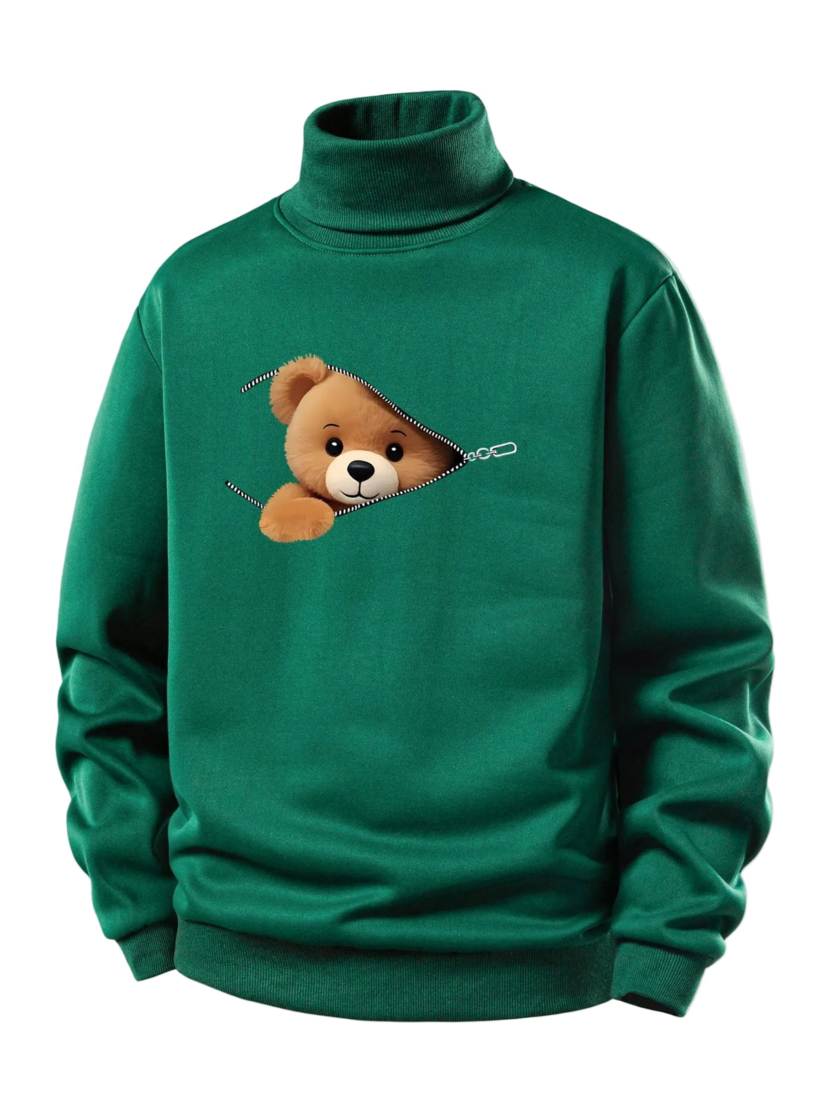Bluză sport pentru bărbați cu interior căptușit cu fleece pufos, guler înalt rulat și imprimeu cu ursuleț cu fermoar - croială normală, călduroasă, stil casual, pentru toamnă și iarnă