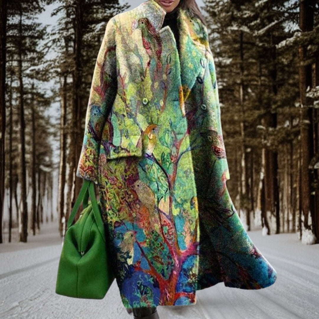 Elegante lange winterjas voor dames met opvallend dessin en brede reverskraag – overjas met lange mouwen en relaxte pasvorm voor verfijnde streetwear in de herfst en winter en smart-casual stadsoutfits