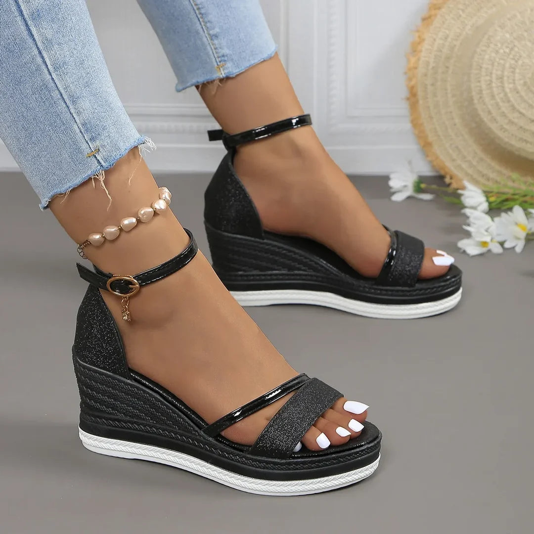 Women’s Glitter Platform Wedge Sandals – Ankle-Strap Shoes for Summer Events