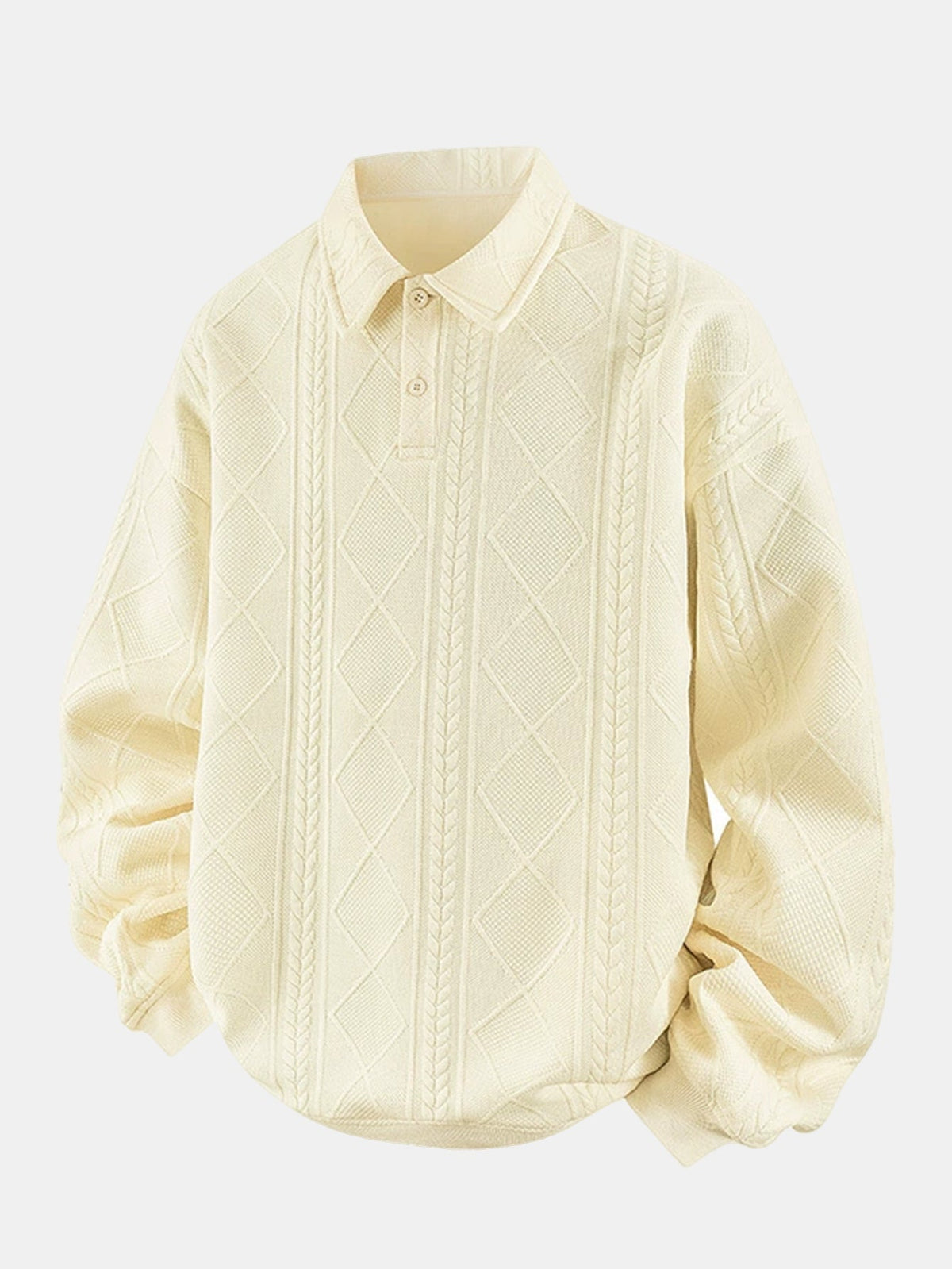 Bluză sport bărbătească cu guler polo și jacquard geometric cu model în romburi – Croială lejeră, model texturat cu mâneci lungi, smart casual, de purtat zi de zi