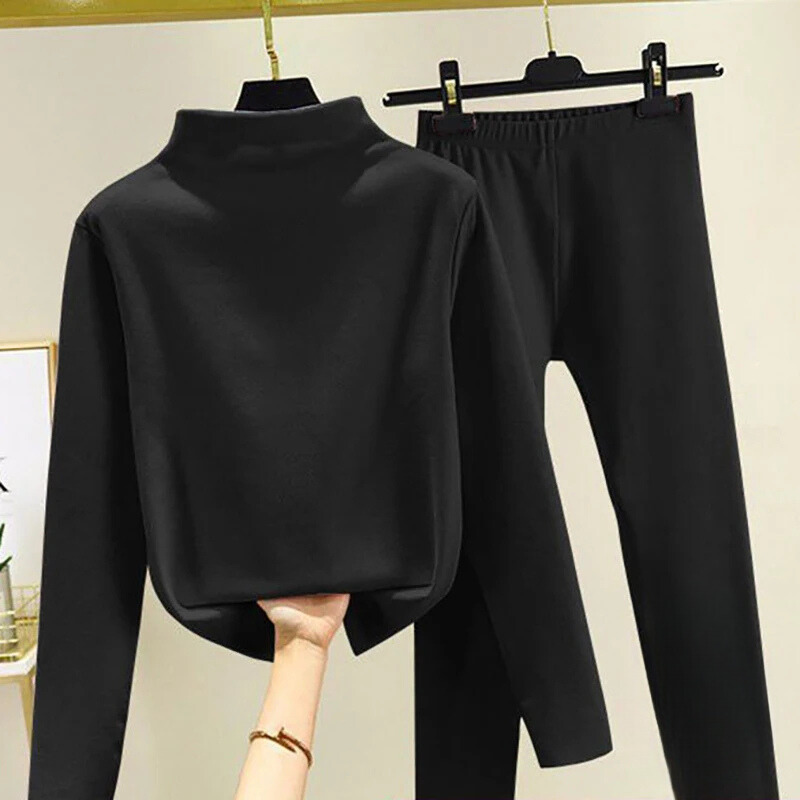 Damesfleece-top met hoge hals en broek - Zachte, relaxed tweedelige outfit voor herfst en winter