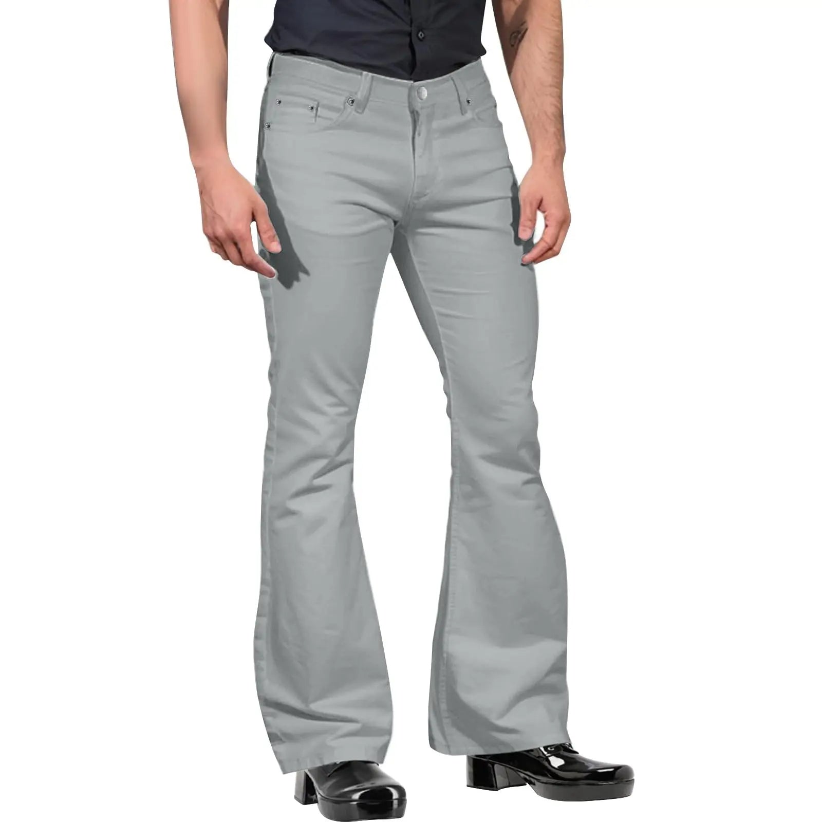Pantalones retro para hombre de pierna acampanada color caqui, corte entallado