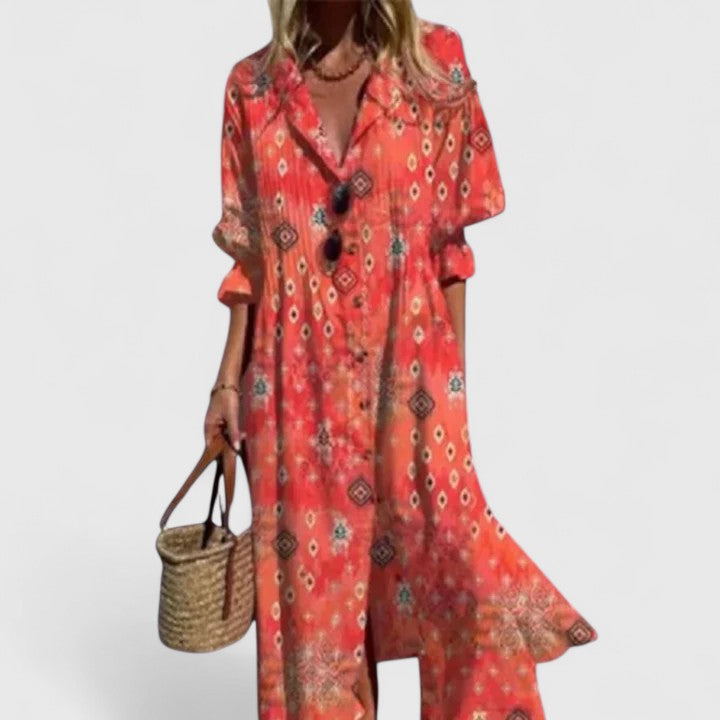 Women’s Printed Button-Front Midi Dress Relaxed Everyday Style
