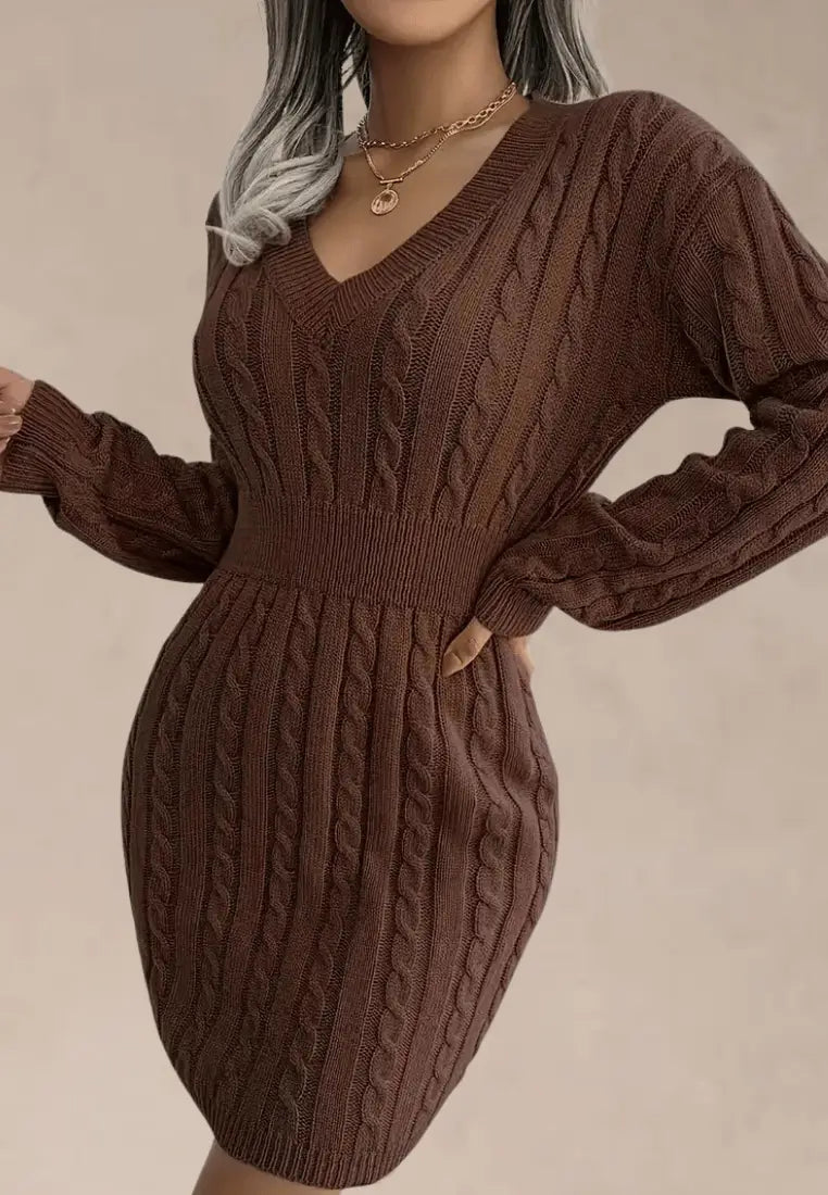 Ženska elegantna mini haljina od pletenog pletiva s V-izrezom, pripijenim rebrastim strukom i dugim rukavima - mekana rastezljiva pripijena džemper-haljina s teksturiranim detaljima za elegantno-ležerno prigodno odijevanje u jesen i zimu