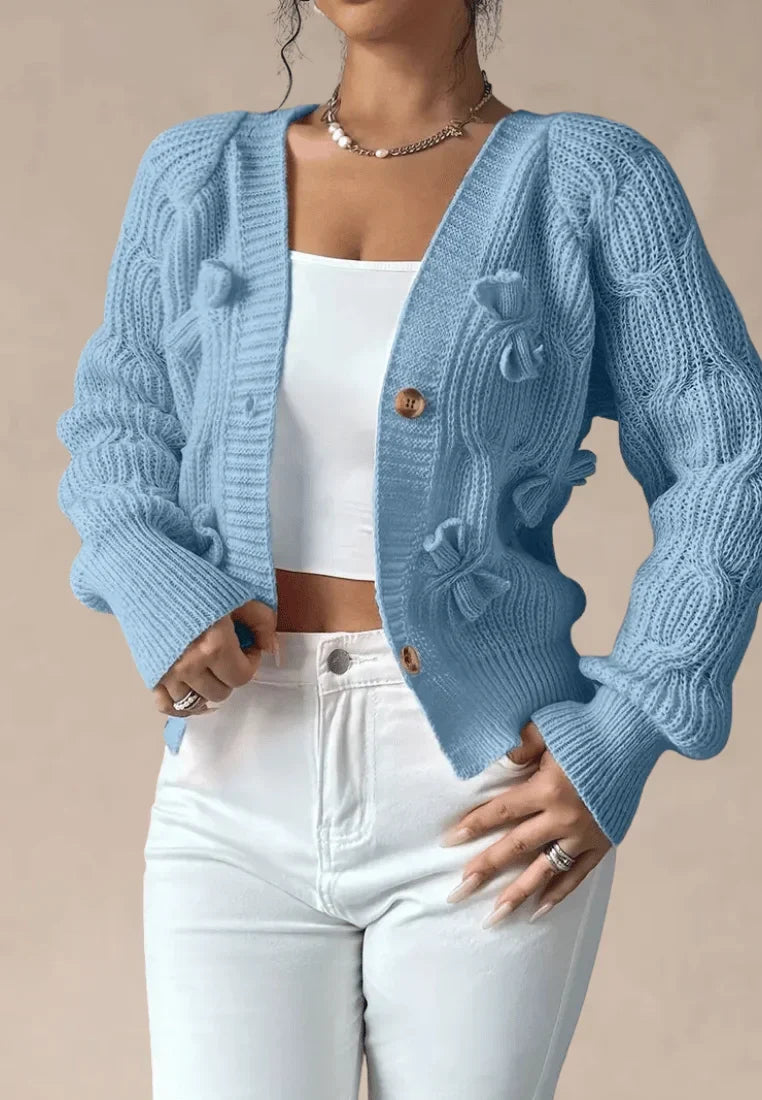 Cardigan tricotat cu torsade pentru femei, cu funde decorative și decolteu în V - strat scurt, lejer, cu nasturi în față și mâneci lungi, pentru un stil romantic de zi cu zi