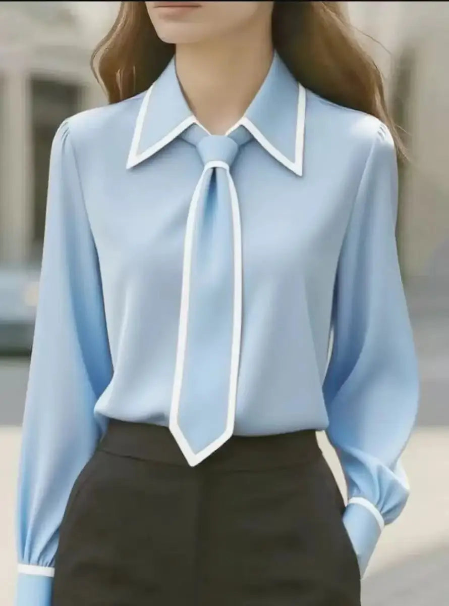 Women’s Contrast Trim Tie Neck Long Sleeve Blouse