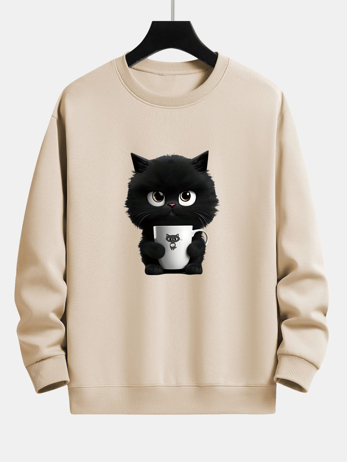 Niedliches Sweatshirt für Herren mit einer Katze, die Kaffee hält – Locker geschnittener Pullover aus Baumwollmischgewebe mit verspielter Kätzchen-Illustration und Rippbündchen