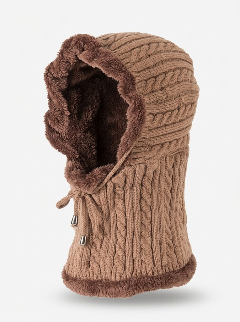 Pasamontañas de punto para mujer con bufanda y capucha - calentador de cuello de invierno cortavientos de punto trenzado con forro de felpa y cordón ajustable