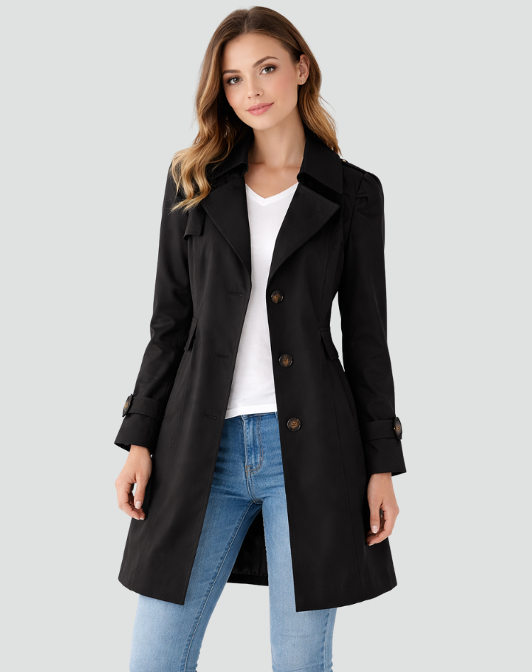 Dame skræddersyet trenchcoat med klassisk revers og mellemlang længde