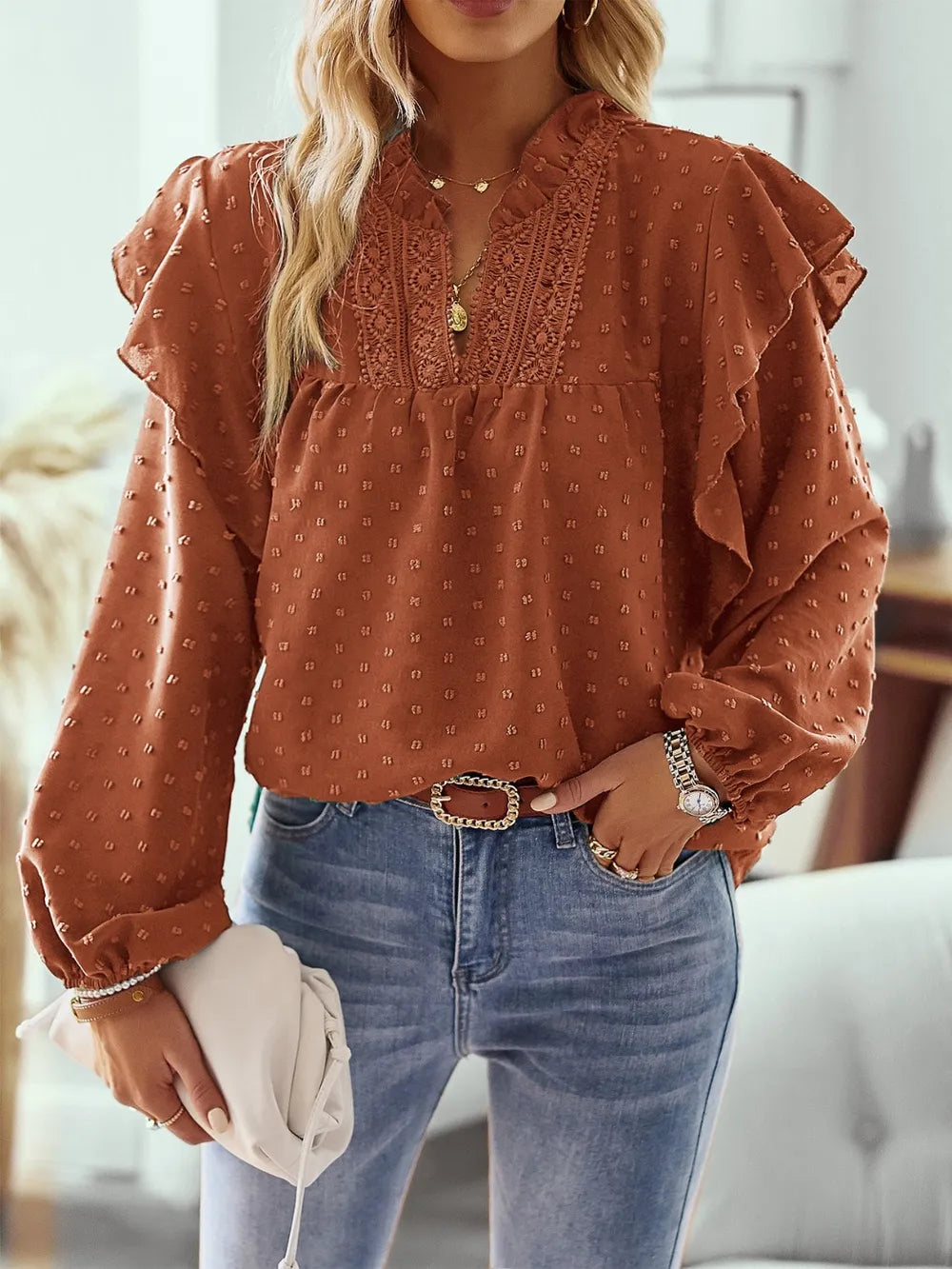 Women’s Lace Trimmed Blouse With Ruffled Shoulders and Long Sleeves