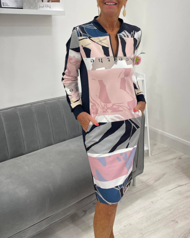 Women’s Printed Zip-Neck Midi Dress – Long-Sleeve Everyday Style for Work Casual Outings and Transitional Season Wear
