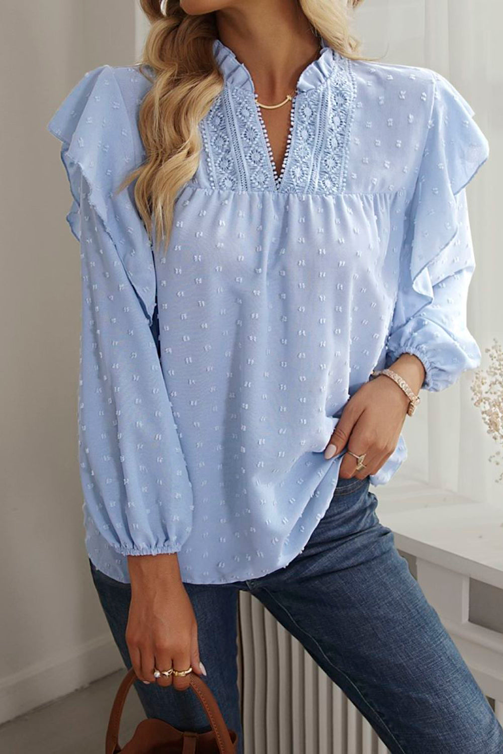 Women’s Lace Trimmed Blouse With Ruffled Shoulders and Long Sleeves