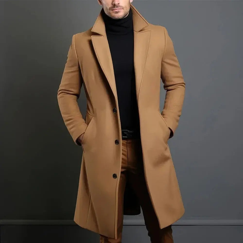Men’s Longline Tailored Overcoat – Refined Single-Breasted Layer with Notched Lapels