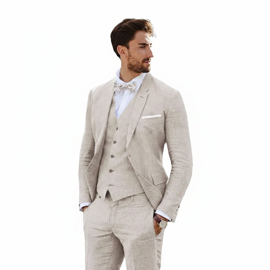 Men’s Tailored Linen Suit Set – Slim Three-Piece Style for Weddings and Formal Events