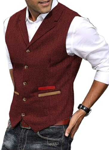 Chaleco de tweed texturizado para hombre con solapas con muesca - Chaleco vintage con botones delanteros para bodas y un estilo elegante informal