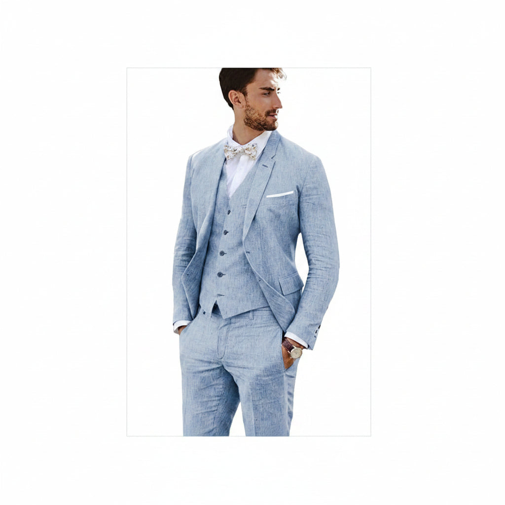 Ensemble de costume en lin ajusté pour homme – Style slim trois pièces pour mariages et événements formels