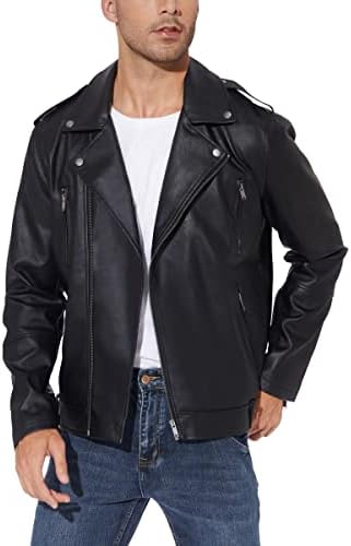 Men’s Asymmetric Faux-Leather Biker Jacket – Classic Lapel Zip-Up Motorcycle Layer with Multi-Zip Pockets and Shoulder Epaulettes for Autumn Streetwear Weekend Travel Evening Outings and Everyday City Styling