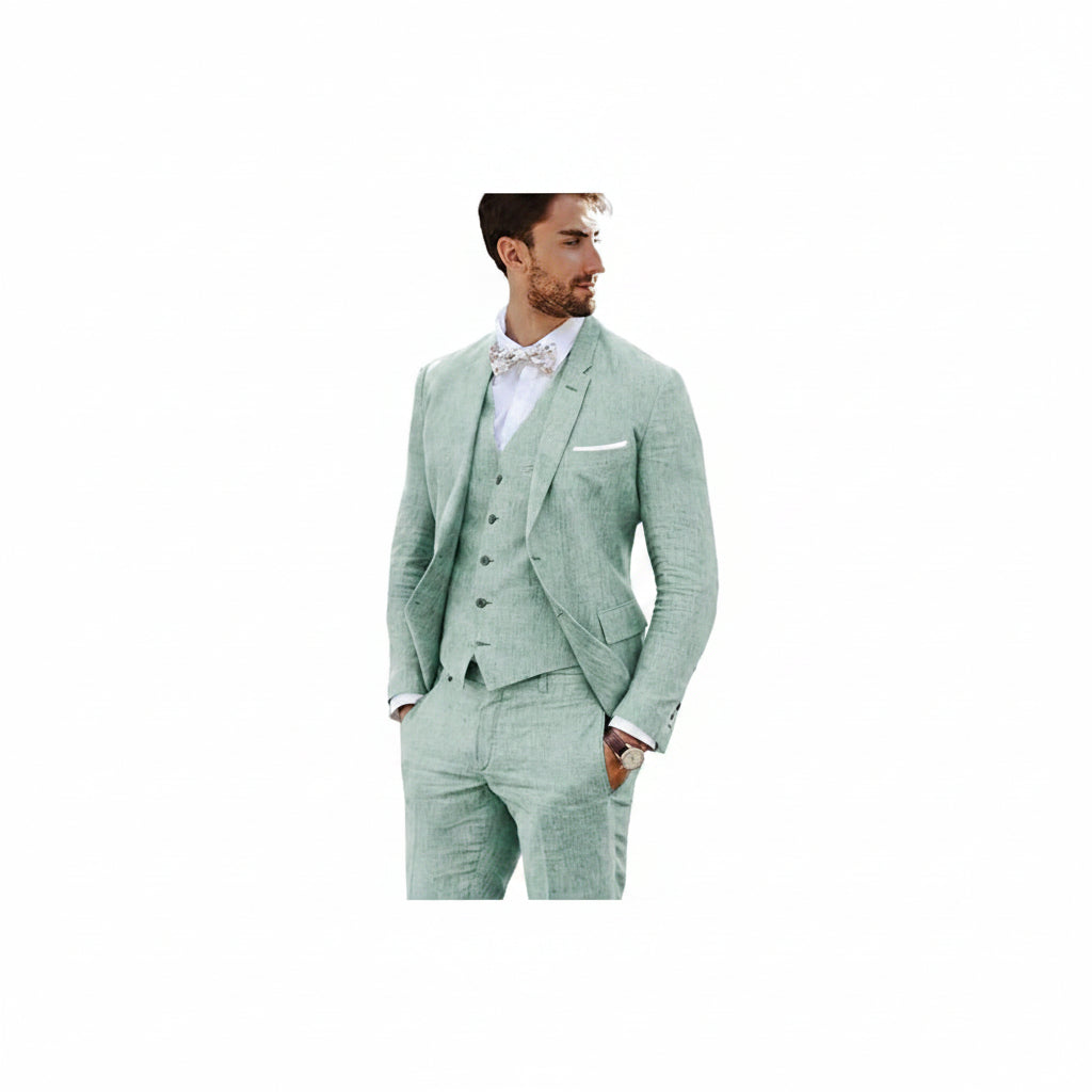 Ensemble de costume en lin ajusté pour homme – Style slim trois pièces pour mariages et événements formels