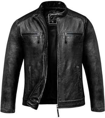Giacca da biker uomo in vera pelle di montone - Capo da motociclista vintage con collo alto e chiusura con zip, tasche multiple, per streetwear autunnale, viaggi nel weekend e look quotidiani in città