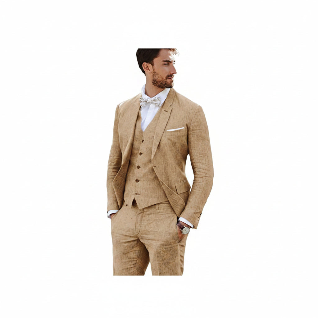 Ensemble de costume en lin ajusté pour homme – Style slim trois pièces pour mariages et événements formels