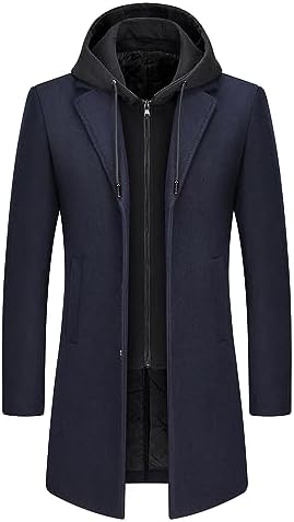 Winterjas van wolmix met capuchon voor heren - lange getailleerde overjas met gelaagd voorpand met ritssluiting voor een nette casual look in herfst en winter