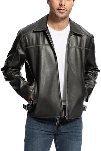 Herrenjacke aus Kunstleder im Vintage-Stil mit Kragen – leichte kurze Jacke mit Frontreißverschluss, seitlichen Verstellriegeln und praktischen Taschen für Herbstreisen, Wochenenden, elegante Freizeitkleidung und den Alltag in der Stadt