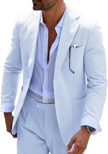 Men’s Seersucker Suit Set – Lightweight Slim Tailoring for Summer Weddings and Formal Events