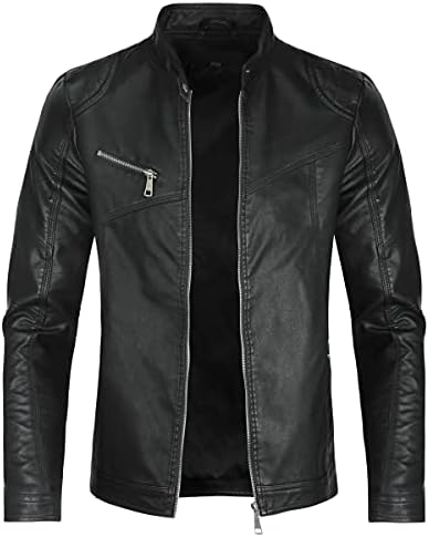 Men’s Sleek Faux-Leather Biker Jacket – Minimal Stand-Collar Zip-Up Moto Layer with Chest Pocket and Clean Panelled Finish for Autumn Travel Weekend Casual Evenings Commuting and Everyday Urban Styling