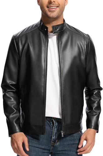 Herrenjacke aus Kunstleder im Vintage-Stil mit Kragen – leichte kurze Jacke mit Frontreißverschluss, seitlichen Verstellriegeln und praktischen Taschen für Herbstreisen, Wochenenden, elegante Freizeitkleidung und den Alltag in der Stadt