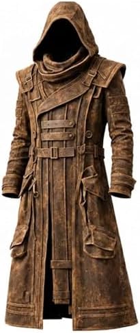 Men’s Hooded Gothic Trench Coat – Distressed Longline Faux-Leather Costume with Buckled Utility Details for Halloween Cosplay Gaming Events Festivals and Themed Occasions