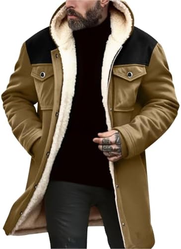 Cappotto invernale da uomo con cappuccio e fodera in pile, con tasche con patta - Capospalla casual lungo per vestirsi a strati nella stagione fredda