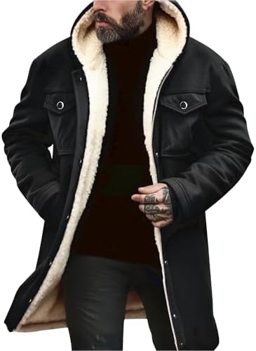 Cappotto invernale da uomo con cappuccio e fodera in pile, con tasche con patta - Capospalla casual lungo per vestirsi a strati nella stagione fredda