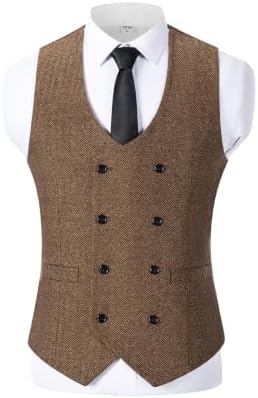 Men’s Double-Breasted Wool Tweed Waistcoat with V-Neck – Vintage Tailored Suit Vest for Weddings and Groomsmen