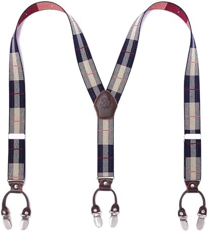 Men’s Checked Y-Back Braces – Adjustable Six-Clip Suspenders for Smart and Formal Styling