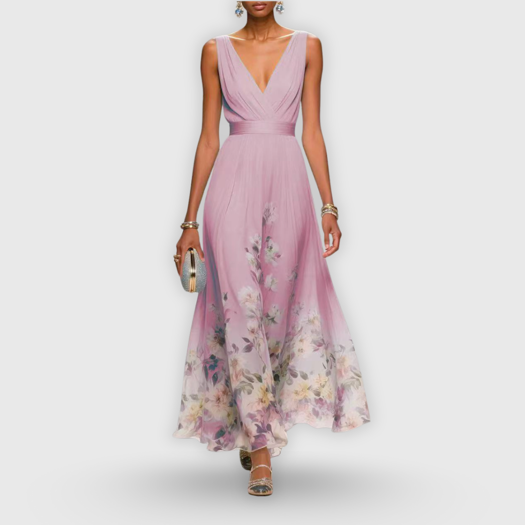 Robe longue imprimée pour femme – Style drapé à encolure en V pour invitée à un mariage