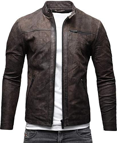 Men’s Vintage Leather Stand-Collar Jacket – Slim-Fit Zip-Up Short Layer with Zipped Pockets for Autumn Travel Weekend Smart Casual City Wear and Everyday Styling