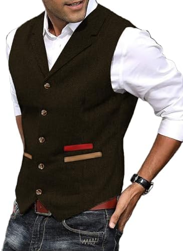 Chaleco de tweed texturizado para hombre con solapas con muesca - Chaleco vintage con botones delanteros para bodas y un estilo elegante informal