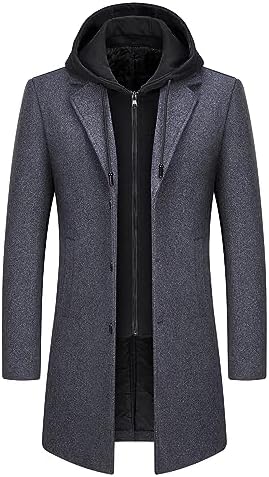 Winterjas van wolmix met capuchon voor heren - lange getailleerde overjas met gelaagd voorpand met ritssluiting voor een nette casual look in herfst en winter