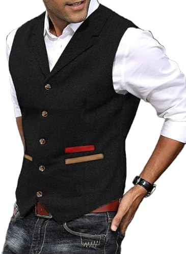 Chaleco de tweed texturizado para hombre con solapas con muesca - Chaleco vintage con botones delanteros para bodas y un estilo elegante informal