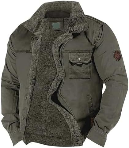 Jachetă de iarnă pentru bărbați, căptușită cu fleece - strat utilitar cu guler Sherpa și buzunare multiple, pentru călătorii în aer liber, ținute casual de weekend și stil de zi cu zi pe vreme rece