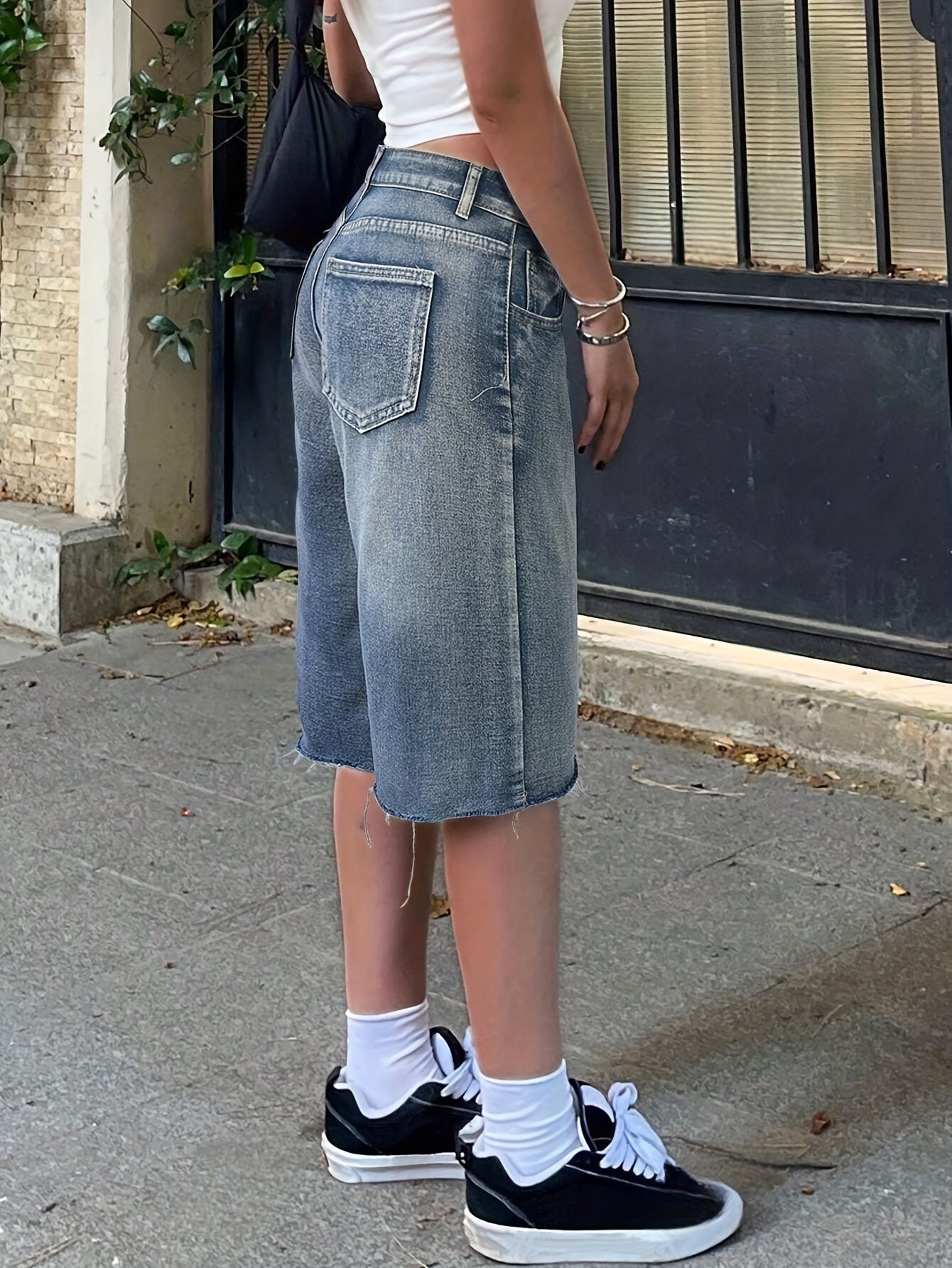 Dame Denim Jorts Løs Pasform Høj Talje Vide Ben Knælange Casual Shorts