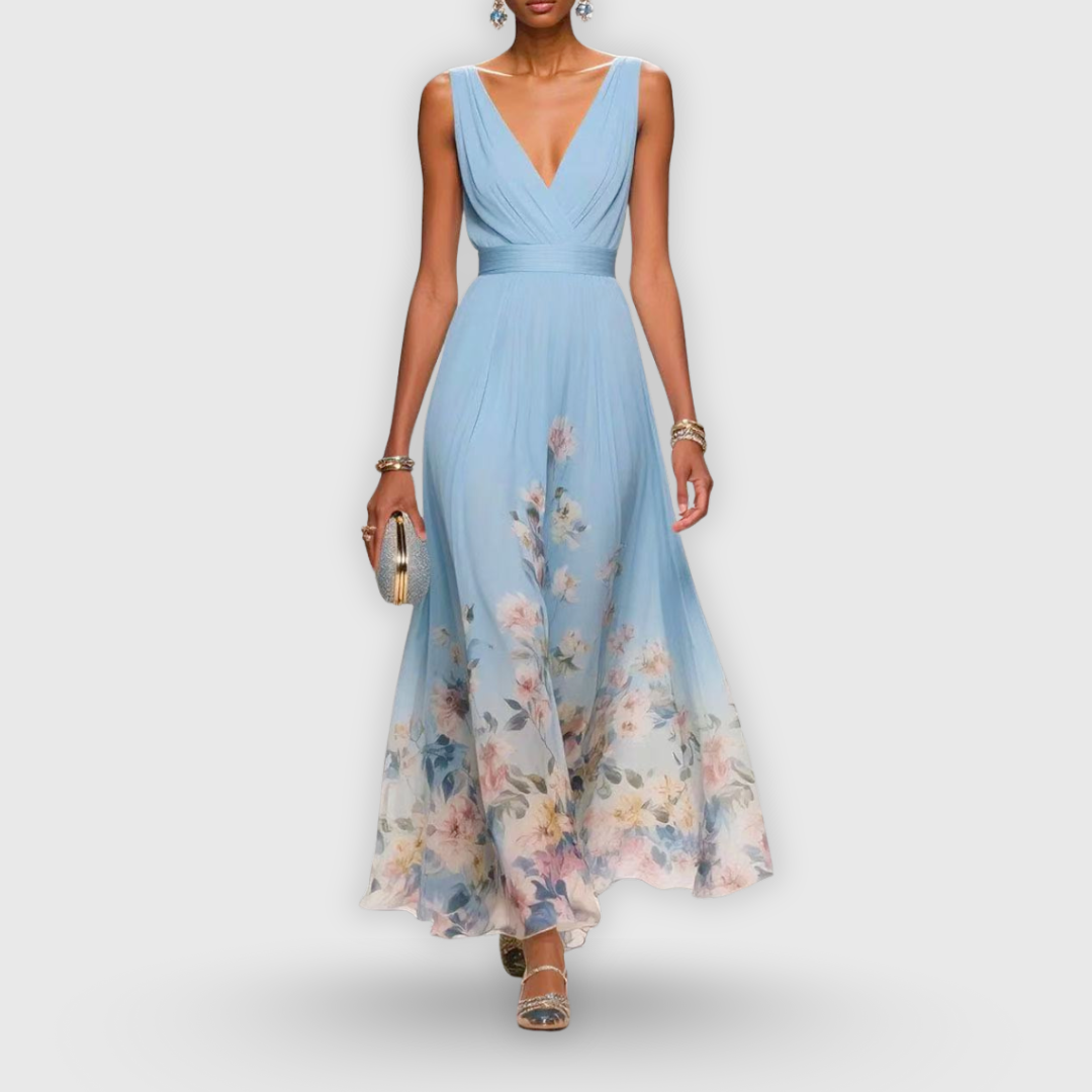 Robe longue imprimée pour femme – Style drapé à encolure en V pour invitée à un mariage