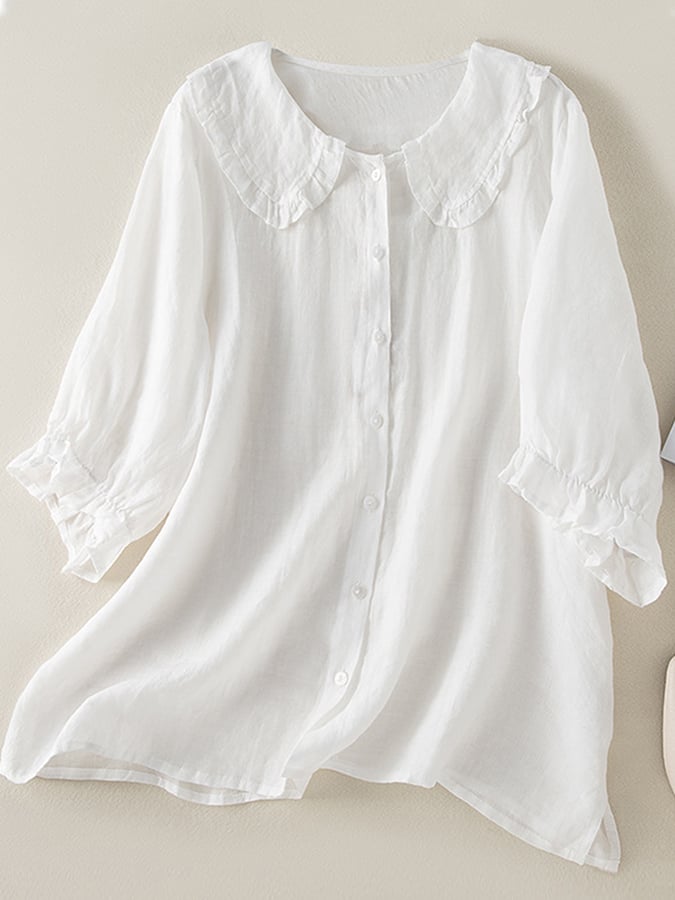Women’s Relaxed Summer Shirt – Button-Front Blouse with Ruffled Collar and Cuffs