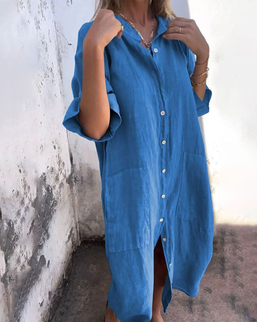 Women’s Loose Fit Midi Shirt Dress With Pocket Detail