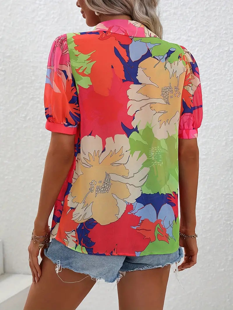 Women’s Floral Tie-Front Blouse – Puff-Sleeve Button-Up Summer Shirt for Holidays Brunches Weekend Outings and Colourful Casual Styling