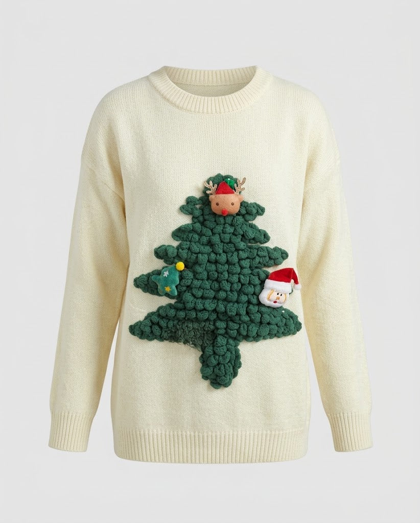 Women’s 3D Christmas Tree Knit Sweater – Festive Crew-Neck Pullover with Textured Appliqué