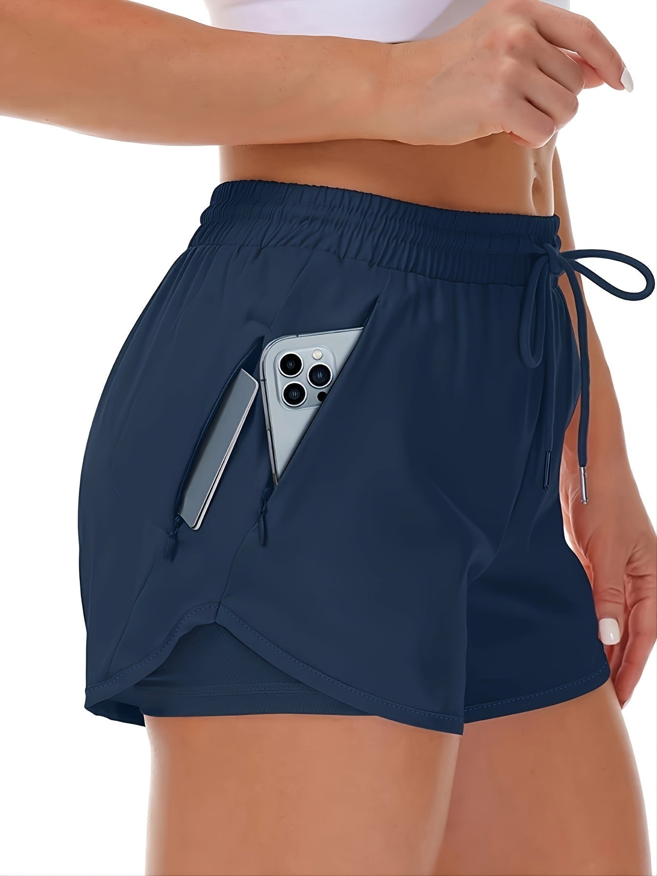 Women’s 2-in-1 Running Shorts – Lightweight Layered Fitness Style with Zip Pockets