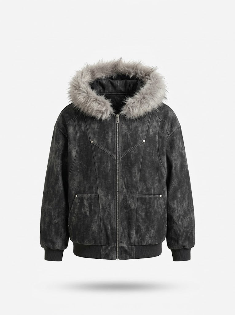 Blouson bomber à capuche bordée de fourrure pour homme - manteau d’hiver oversize zippé avec poches utilitaires