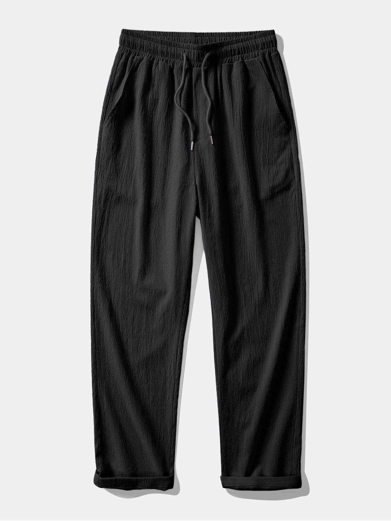 Men’s Textured Straight-Leg Trousers – Drawstring Casual Pants for Travel and Daily Wear