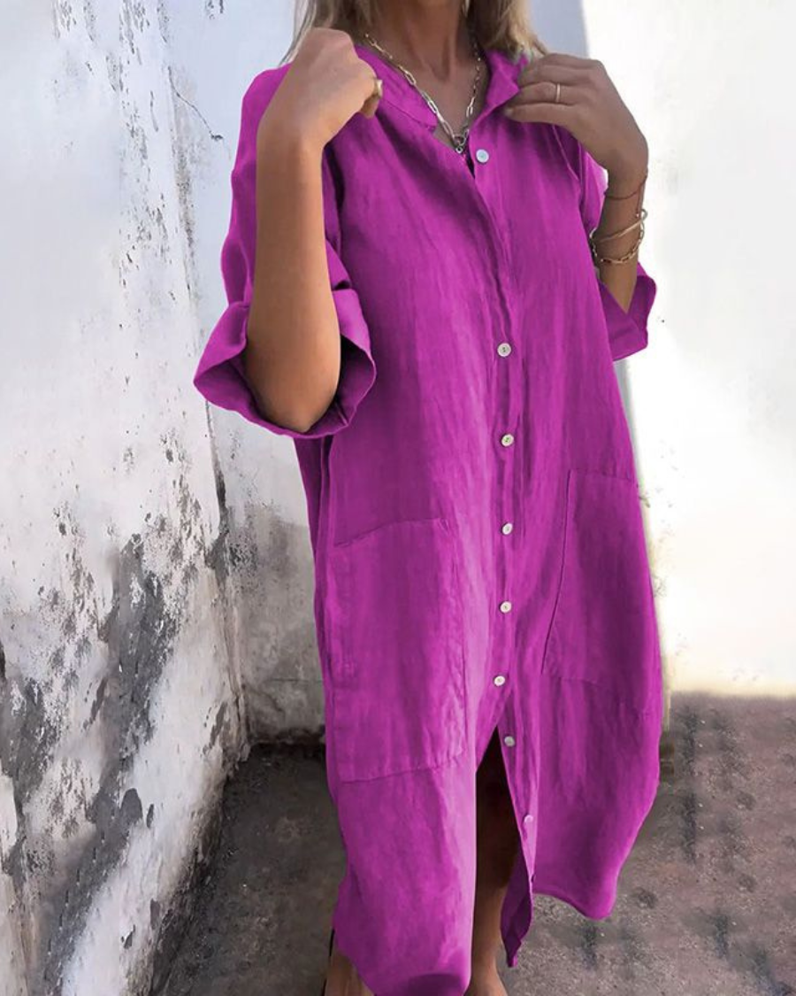 Women’s Loose Fit Midi Shirt Dress With Pocket Detail